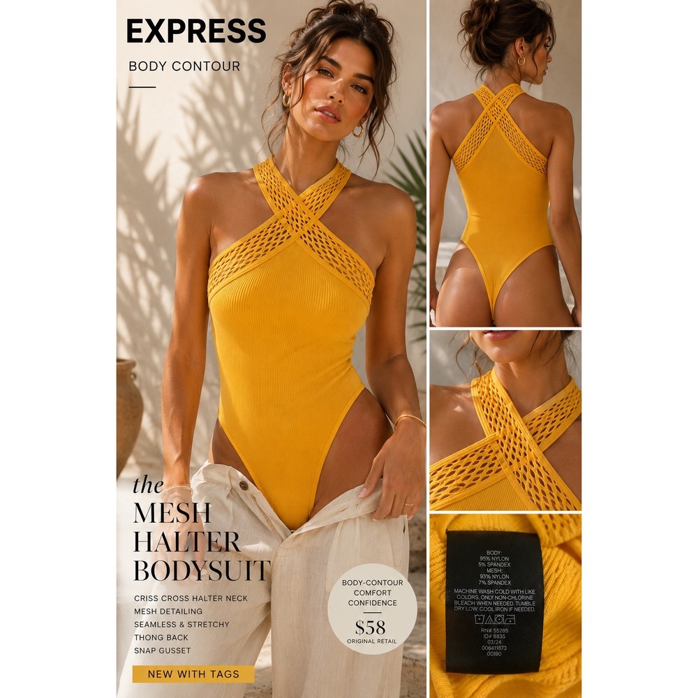 Express Body Contour Yellow Mesh Criss Cross Halter Bodysuit S/M NWT